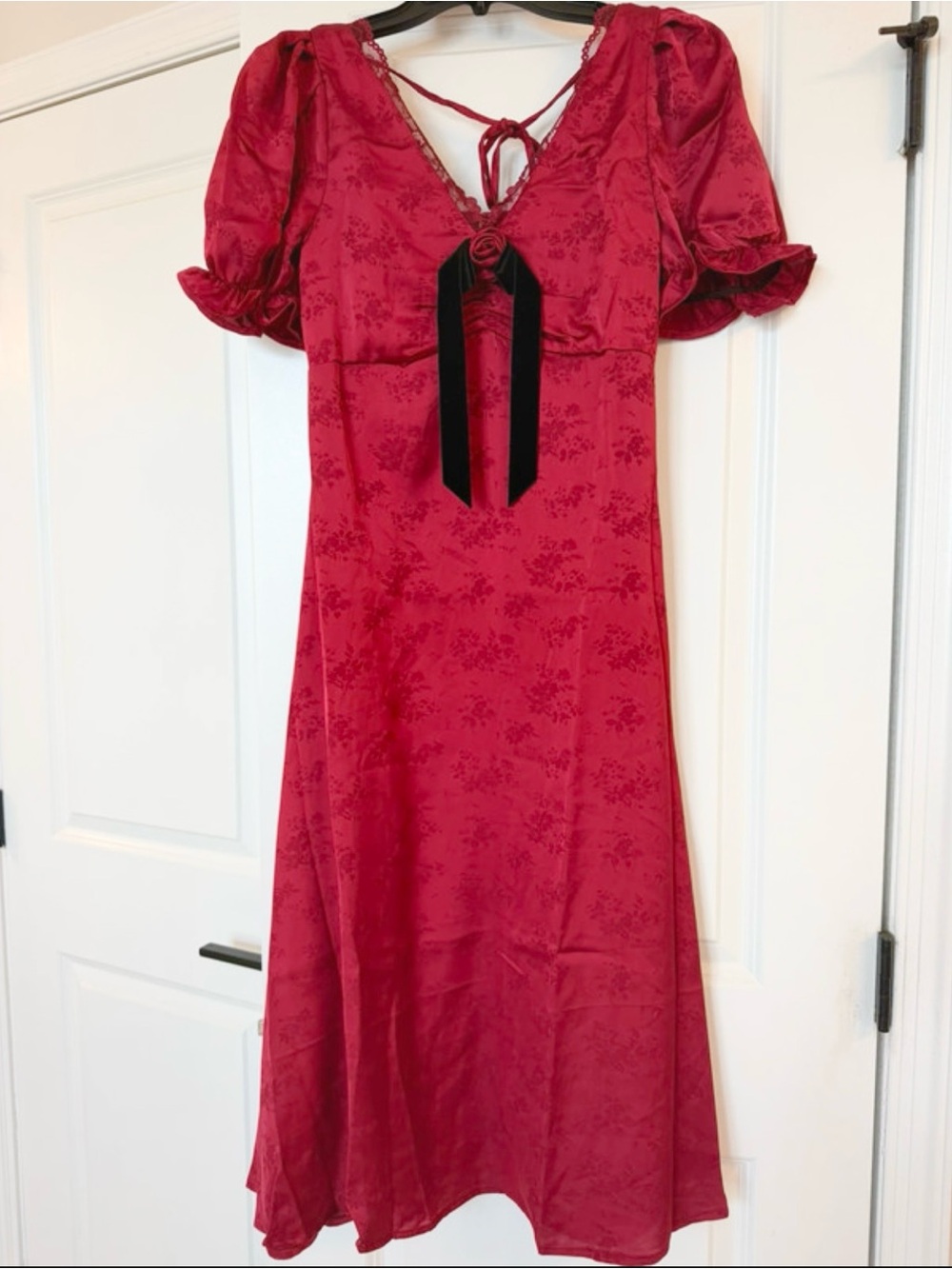 Francesca's Collections Red Midi Dress with Black Ribbon